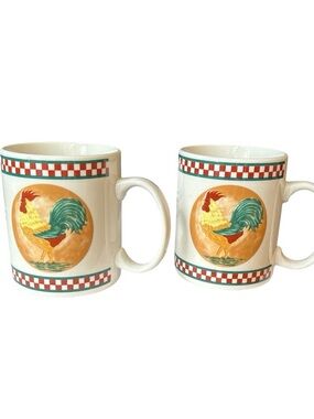 "Rooster" Red Checker Pattern Farmhouse Hand-Painted Mugs Set Of 2
